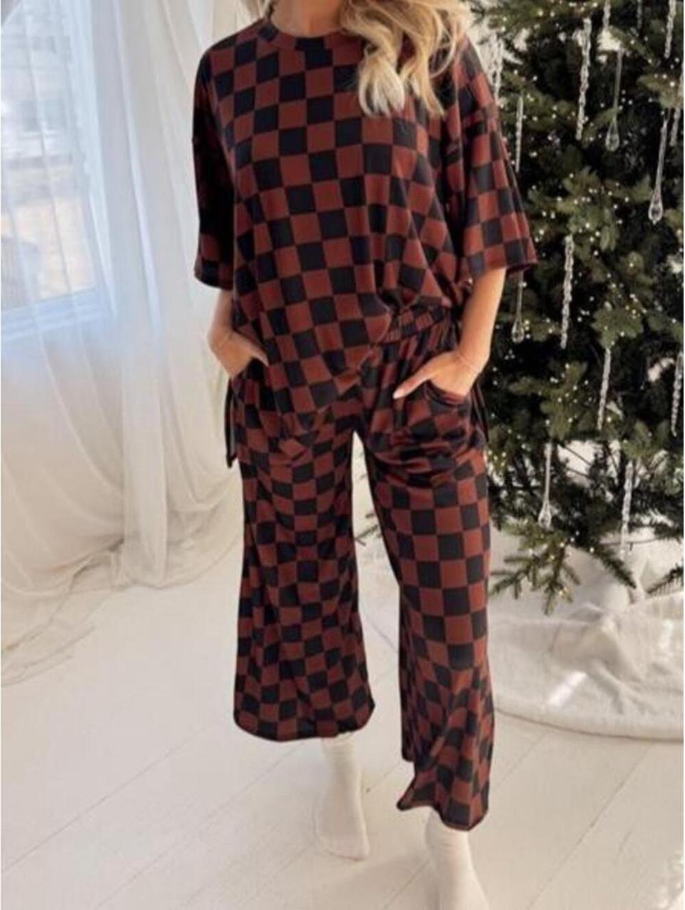 Mocha & Black Checkered Wide Leg Matching Set Plus Size small